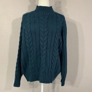Ann Taylor Women's L Cable Knit Mock Neck Teal Blue Wool Blend Sweater Pullover